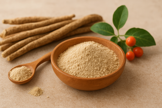 Ashwagandha root and powder, natural herb for stress relief, relaxation, and overall wellness