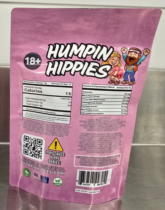 Bright pink Humpin Hippies Female Enhancement Gummies packaging featuring cartoon-style dancing hippie characters (bearded man with headband and flower-crowned woman) under the Humpin Hippies logo.
