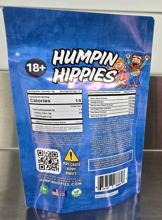 “Bold blue Humpin Hippies Male Enhancement Gummies packaging displaying cartoon-style dancing hippie characters (bearded man in headband and flower-crowned woman) beneath the Humpin Hippies logo.”


